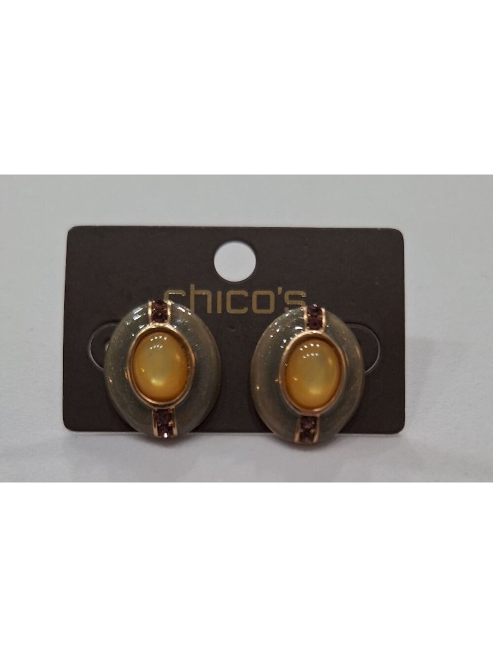 Chicos Oval Stud Earrings With Yellow Stone & Gold Accents